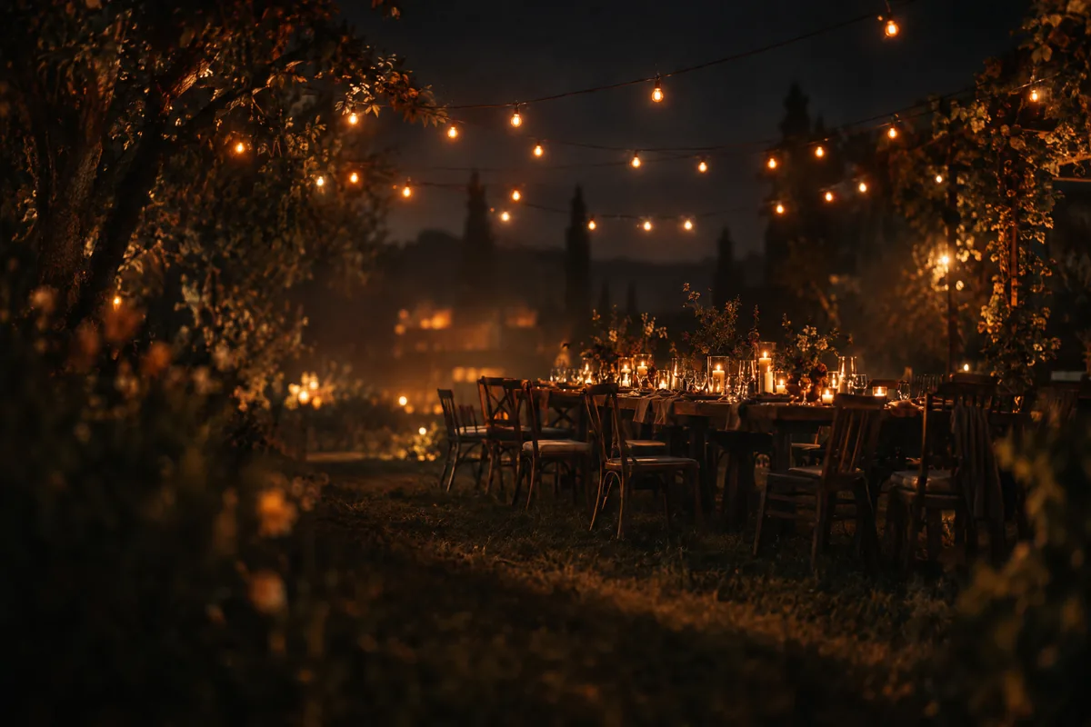 Et langbord dekket til selskap i en hage i skumringen, med lyslenker over og levende lys på bordet.